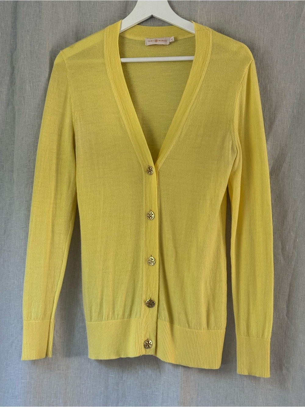 Tory Burch 100% Merino Wool Logo Button Cardigan Yellow Size S/P